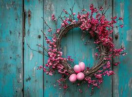 AI generated an easter egg in a white wreath hanging, on a wooden door photo