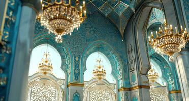 AI generated an islamic scene with decorative lighting, chandeliers and decorative objects photo