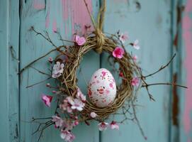 AI generated an easter egg in a white wreath hanging, on a wooden door photo