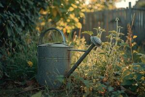 AI generated an old watering can sits in the middle of a garden photo