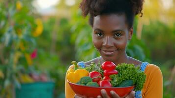 AI generated beautiful African American woman holds a bowl of fresh vegetables photo