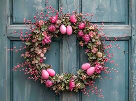 AI generated an easter egg in a white wreath hanging, on a wooden door photo