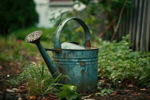 ai generado un antiguo riego lata se sienta en el medio de un jardín foto