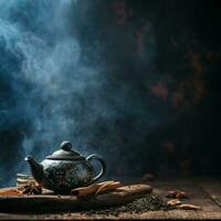 AI generated a teapot on a wooden table sits on a table next to some spices on a dark background photo