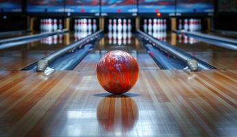 AI generated bowling ball at the front of a pins with many other bowling balls photo