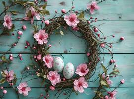 AI generated a wreath made of pink flowers with two eggs photo