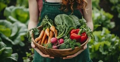 ai generado un mujer tiene un de madera cuenco lleno arriba con Fresco vegetales foto