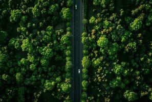 AI generated aerial view of a road through an evergreen forest photo