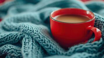 ai generado azul taza de té en un rojo de punto bufanda en el azul café foto