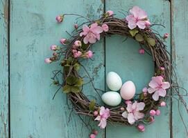 AI generated a wreath made of pink flowers with two eggs photo