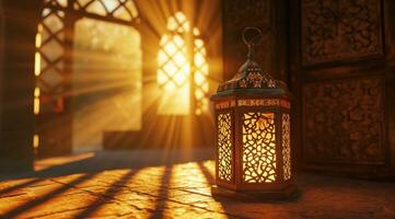 AI generated an illuminated lantern stands in a sunlit room photo