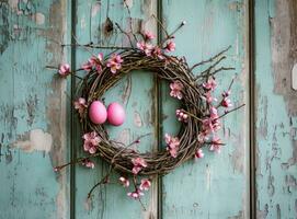 ai generado un Pascua de Resurrección huevo en un blanco guirnalda colgante, en un de madera puerta foto