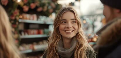 AI generated a woman smiling at someone in a store photo