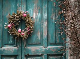 AI generated an easter egg in a white wreath hanging, on a wooden door photo