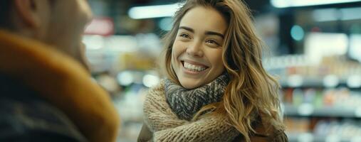 ai generado un mujer sonriente a alguien en un Tienda foto