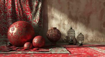 ai generado un imagen de diferente rojo alheña decoraciones es metido en parte superior de un rojo alfombra foto