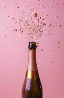 AI generated champagne bottle falling on a pink background photo