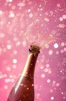 AI generated champagne bottle falling on a pink background photo