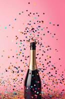 AI generated champagne bottle falling on a pink background photo