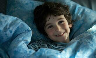 AI generated boy smiling in bed photo