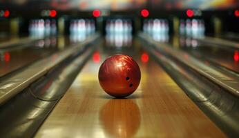 AI generated bowling ball at the front of a pins with many other bowling balls photo