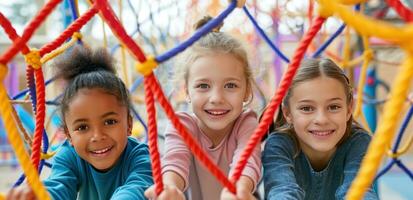 AI generated children holding up colorful rope in children play center photo