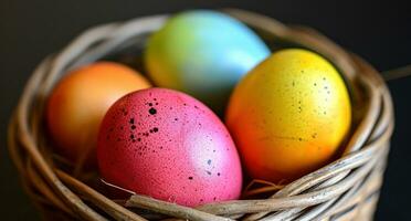 AI generated bright colored eggs are shown in a wicker basket photo