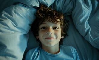 AI generated boy smiling in bed photo