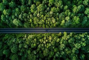 AI generated car driving along the road in the forest photo