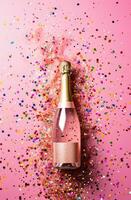 AI generated champagne bottle falling on a pink background photo