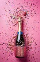 ai generado champán botella que cae en un rosado antecedentes foto