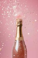 AI generated champagne bottle falling on a pink background photo