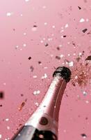 AI generated champagne bottle falling on a pink background photo