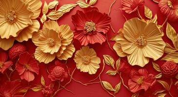 AI generated gold colored flowers in red and gold photo