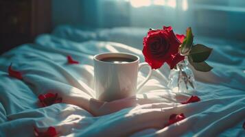 ai generado taza de café y Rosa en flor florero en un cama foto