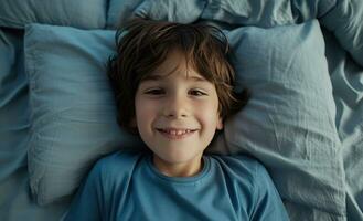 AI generated boy smiling in bed photo