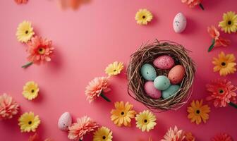 AI generated easter egg basket surround on bright pink background in slow motion photo