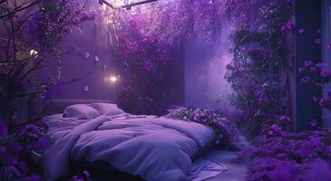 AI generated elegant bedroom with purple flowers and a bed photo