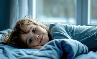 ai generado niño tendido en el cama cerca el ventana foto