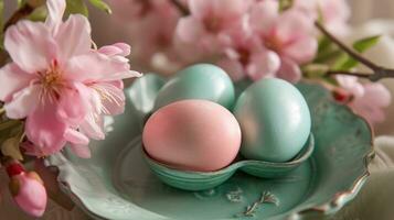 AI generated easter egg basket surround on bright pink background in slow motion photo