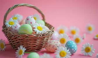 AI generated easter egg basket surround on bright pink background in slow motion photo