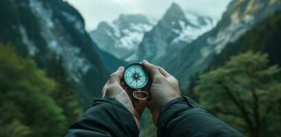 AI generated person holding compass with forest and mountains in the background photo
