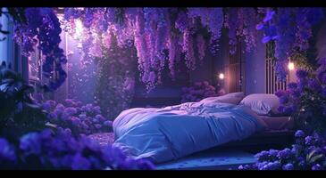 AI generated purple flowers in the bedroom photo