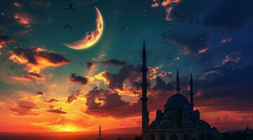 AI generated islamic moon in sunset with beautiful clouds with a mosque under it photo