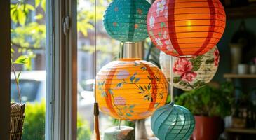 AI generated large paper lanterns from hanged on lampshades in a window photo