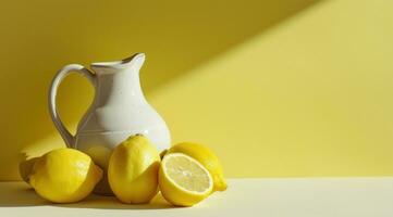 AI generated lemons and pitcher against a yellow background photo