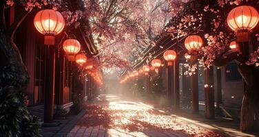 AI generated lanterns lined up on the pathway photo