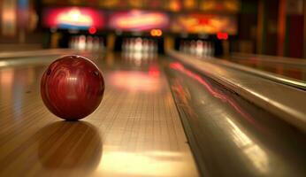 AI generated bowling ball at the front of a pins with many other bowling balls photo