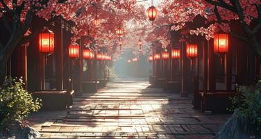 AI generated lanterns lined up on the pathway photo