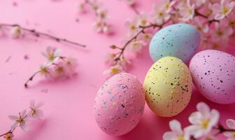 AI generated colorful coloured easter eggs are shown on a pink background photo